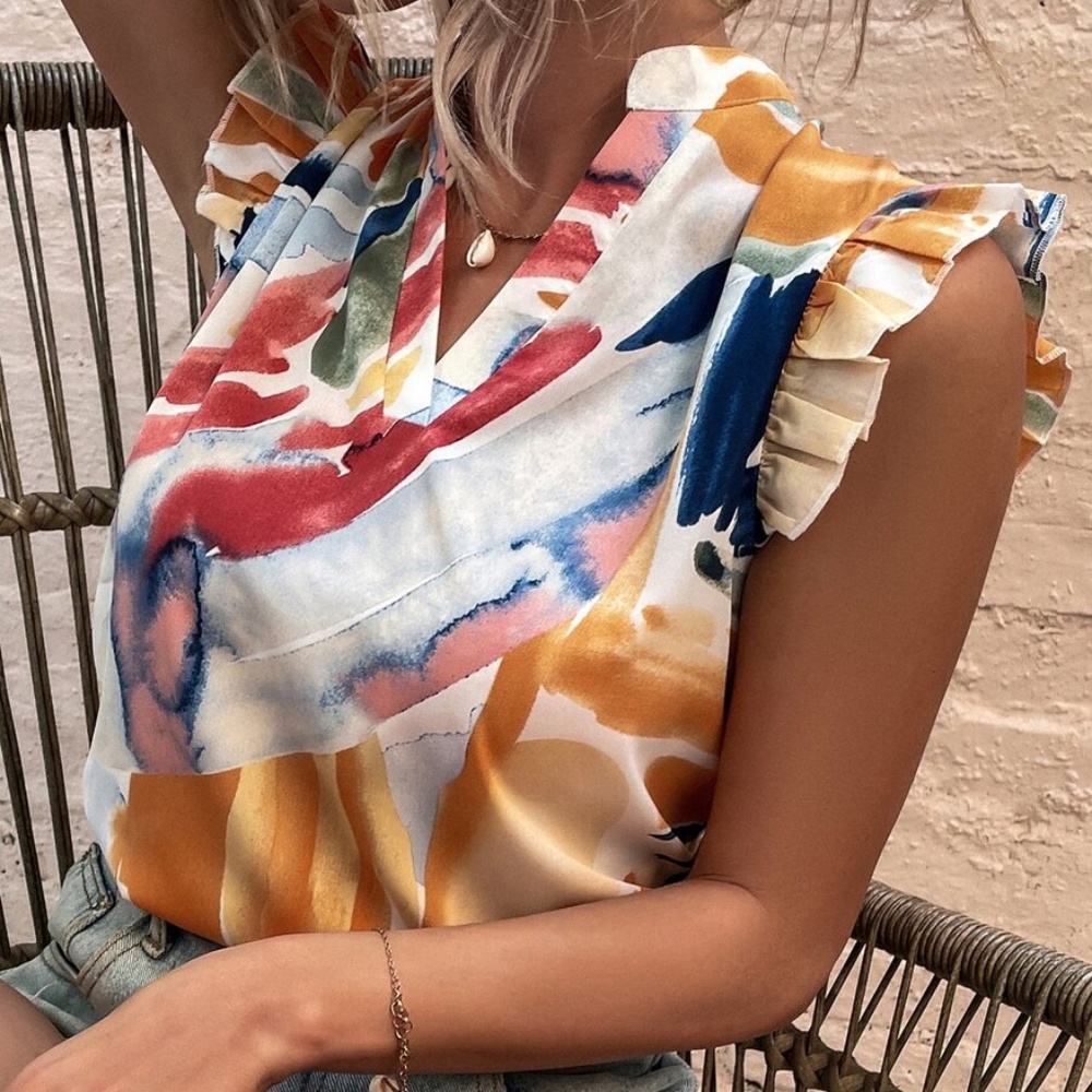 Multicolor Water Color Ruffle Sleeve Top - Picture 1 of 4